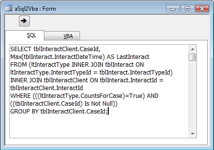 Screenshot of SQL to VBA form